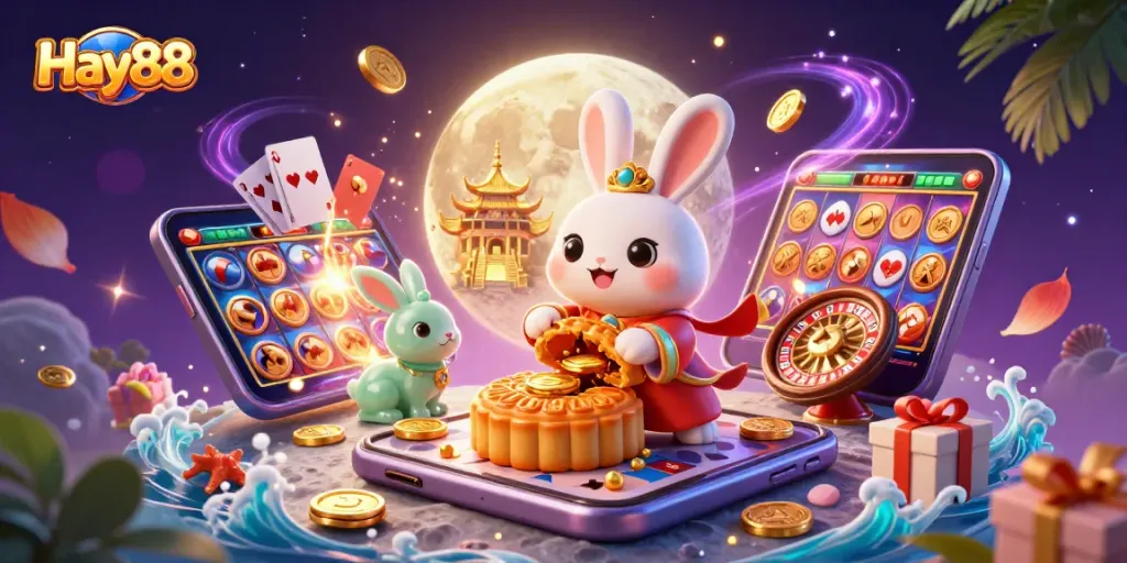 Experience Hay88's vibrant casino atmosphere with a dynamic scene showcasing moon rabbits and poker chips.