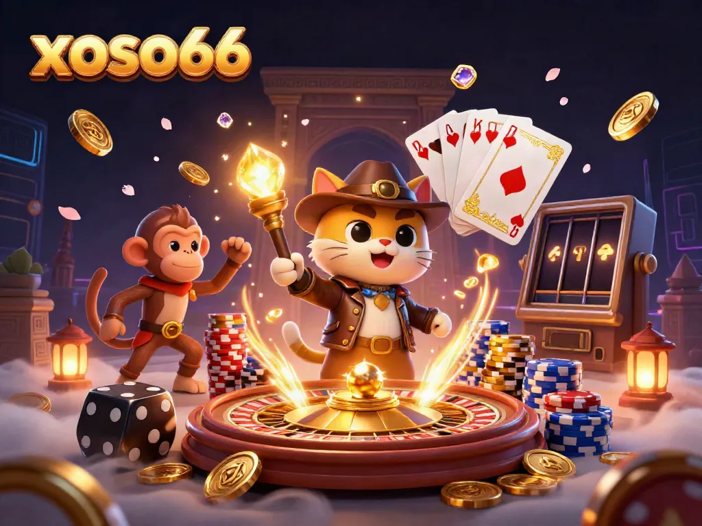 Experience the thrill of xoso66 with dynamic casino elements and exciting characters in a vibrant scene.