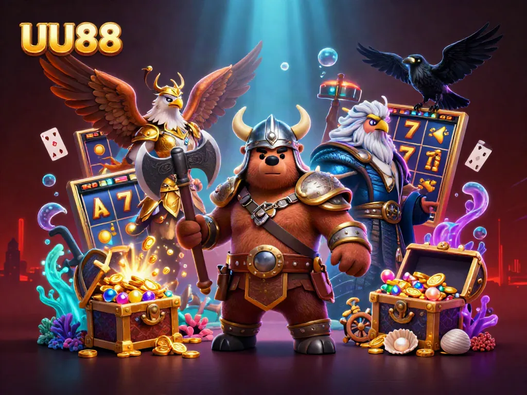 Experience thrilling gameplay at UU88 with a dynamic scene featuring a Viking bear and Valkyrie eagle amidst casino elements.