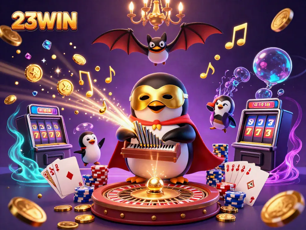 Experience the excitement of 23WIN with a magical scene of a penguin in a casino playing a pipe organ, surrounded by coins and gems.