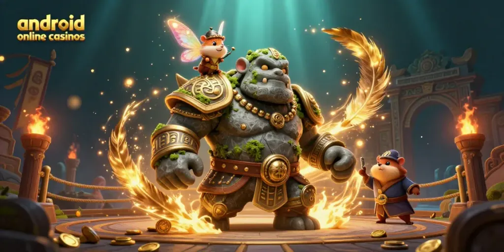 Experience the excitement of android online casinos with the golem guardian and fantasy companions in a vibrant scene.