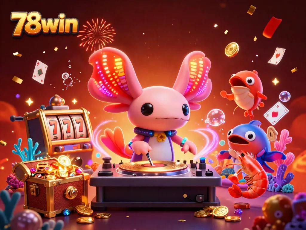 Experience thrilling casino action with this vibrant 3D illustration featuring 78win and playful characters in an underwater party.