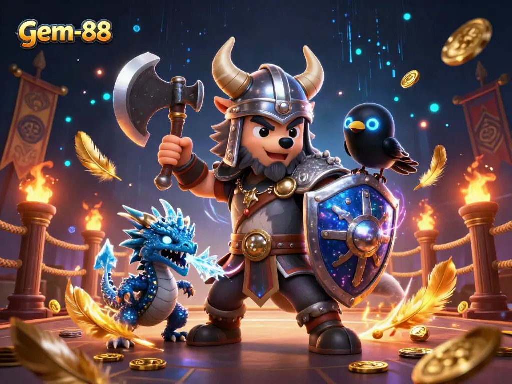 Engage with gem-88 via dynamic casino adventures featuring a Viking wolf warrior, fierce dragon, and raven.