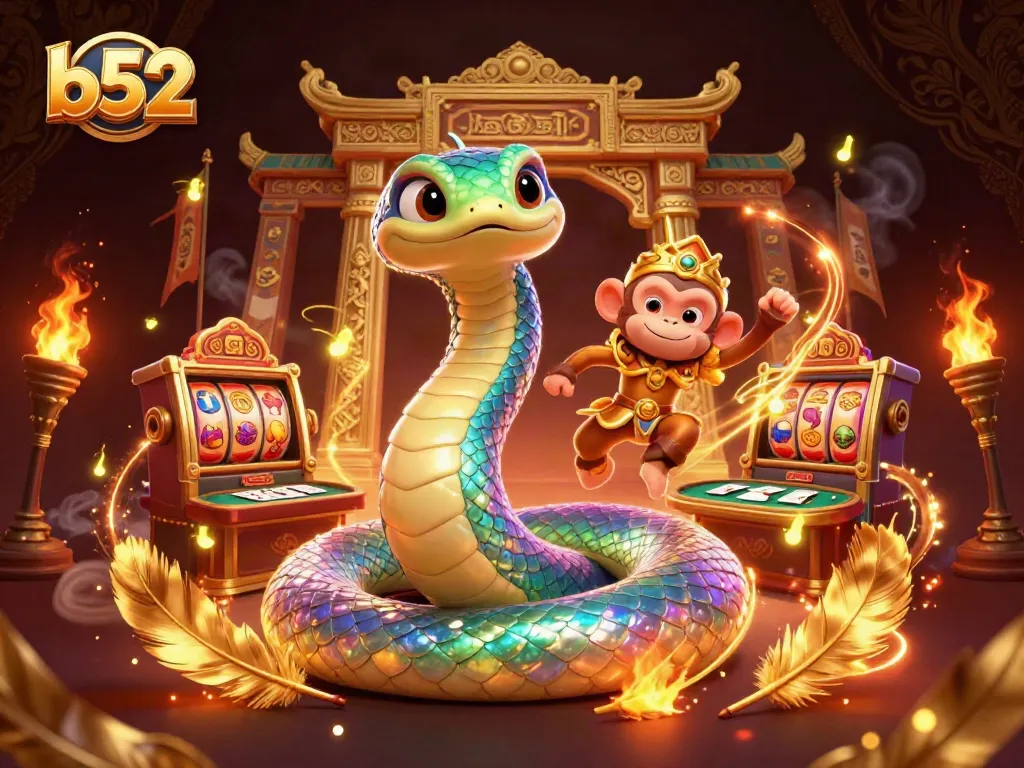 Engage in the b52 casino experience with a vibrant scene featuring shimmering characters and dynamic gambling elements.