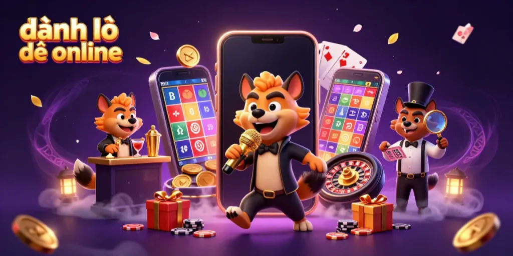 Engaging illustration showcasing đánh lô đề online experience with comedic characters in a vibrant casino scene.