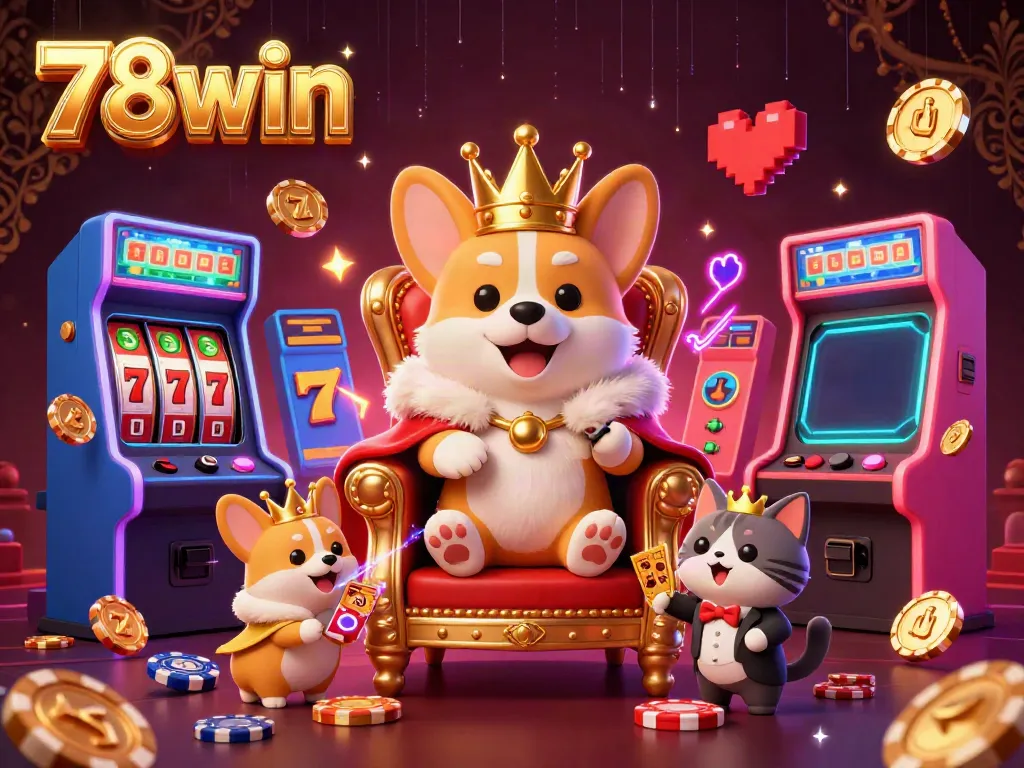 Engage in thrilling games at 78win, featuring corgis in a lavish casino scene filled with excitement.