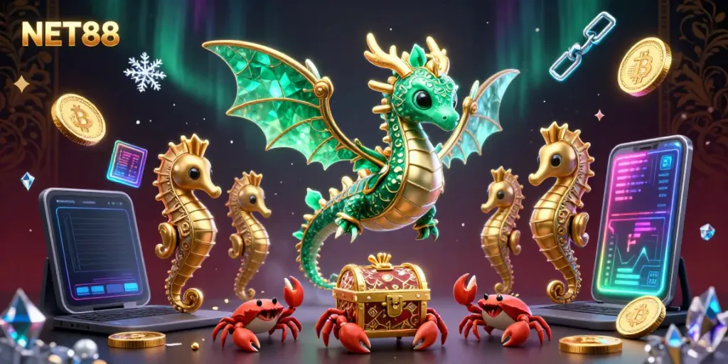 Experience the engaging world of NET88 with vibrant casino elements and a mythical sea dragon