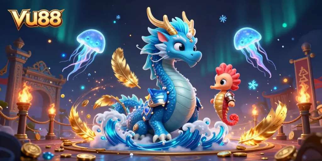 Experience the thrilling VU88 casino world with the majestic water dragon and vibrant sea creatures.