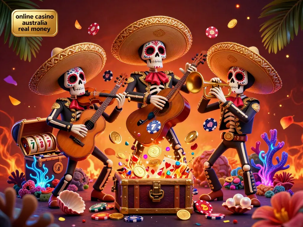 Engage with 3D cartoon mariachi band celebrating online casino australia real money with dynamic slots and vibrant elements.