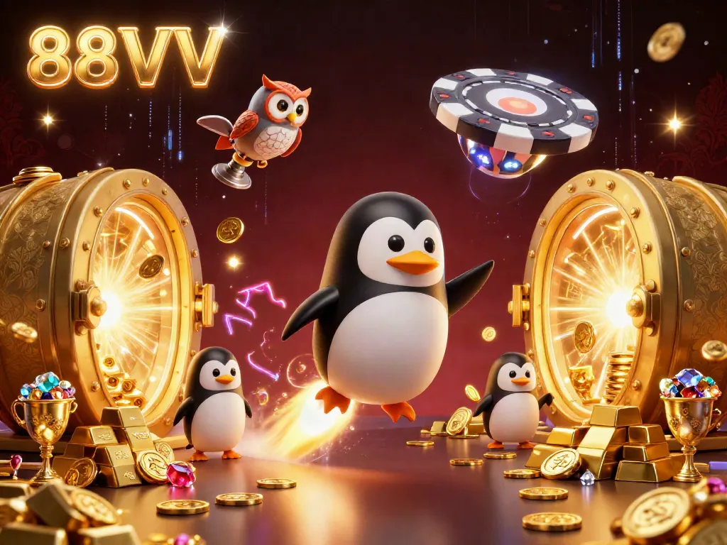 Experience thrilling wins with 88VV's exciting casino adventures illustrated by a golden penguin and treasure.