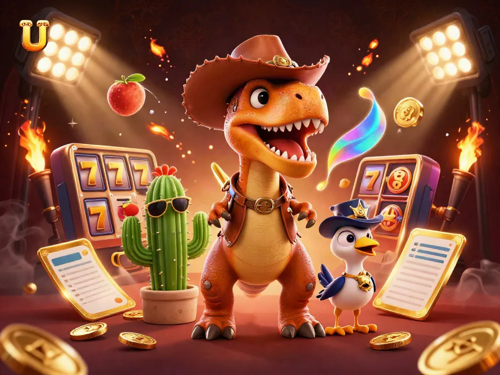 U888 features an engaging slot gaming scene with a dinosaur cowboy, cactus buddy, and roadrunner mascot.