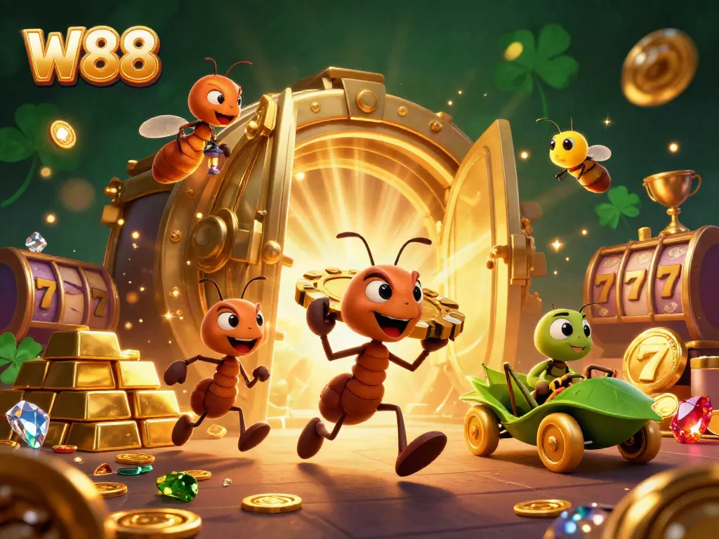 W88 casino excitement illustrated with ants carrying a golden poker chip in a vibrant heist scene.