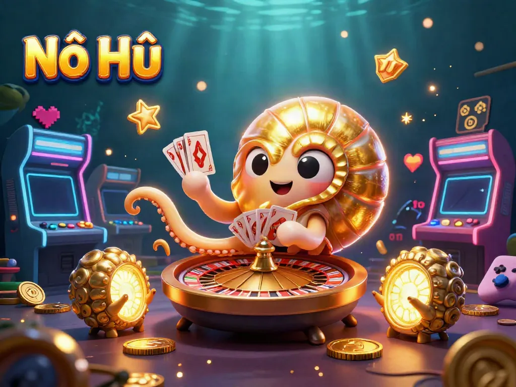 Join the thrilling Nổ Hũ experience with a vibrant 3D casino scene featuring a unique nautilus roulette wheel.